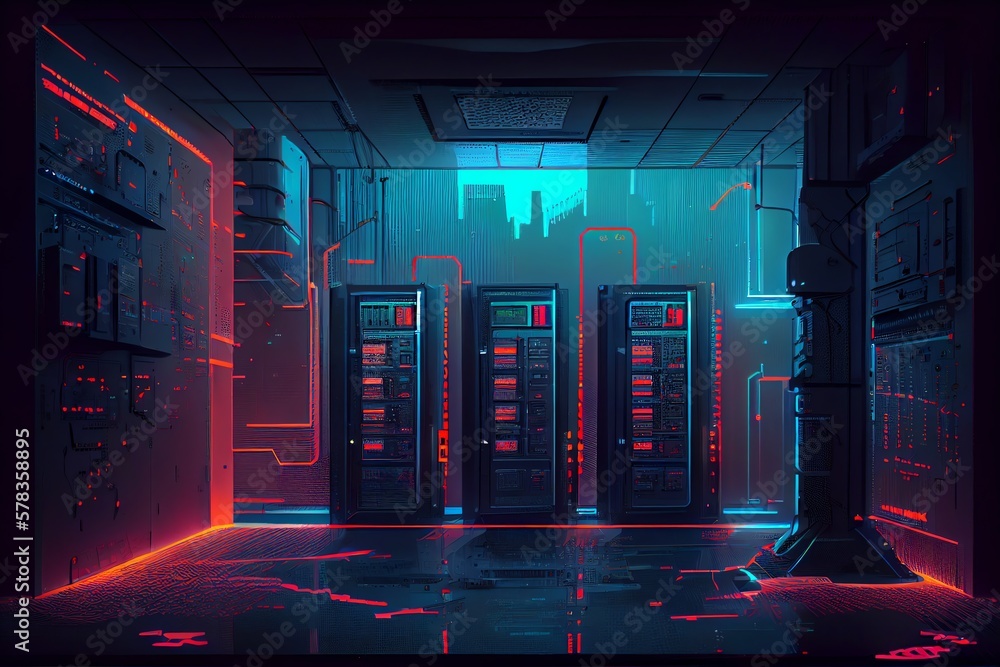 Poster cyberpunk data center room with mainframe storage servers, vintage cloud network concept, hosting da