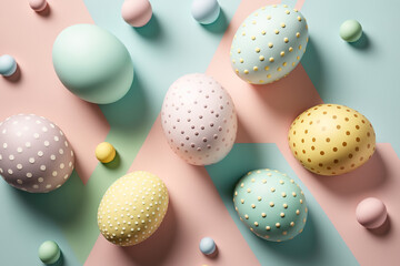 Fototapeta na wymiar Pattern of pastel colored and spotted easter eggs on color blocks background, top view, AI