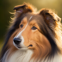 Rough collie with fluffy hair realistic portrait on ravishing natural background with flower and forest in springtime lighting. Domestic pet outdoor by Generative AI.