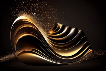 Golden Abstract Shiny Color Gold Wave Design Element With Glitter Effect On Dark Background. Generative AI