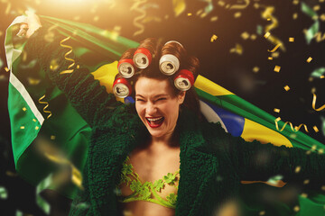 Happy emotional woman, fan cheering up favorite Brazil football, soccer team over dark background with confetti. Winning championship. Concept of sport, leisure time, emotions, hobby and entertainment