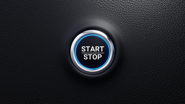 Start Stop push button, Start and stop modern car button with blue shine, Just push the button, 3D rendered illustration