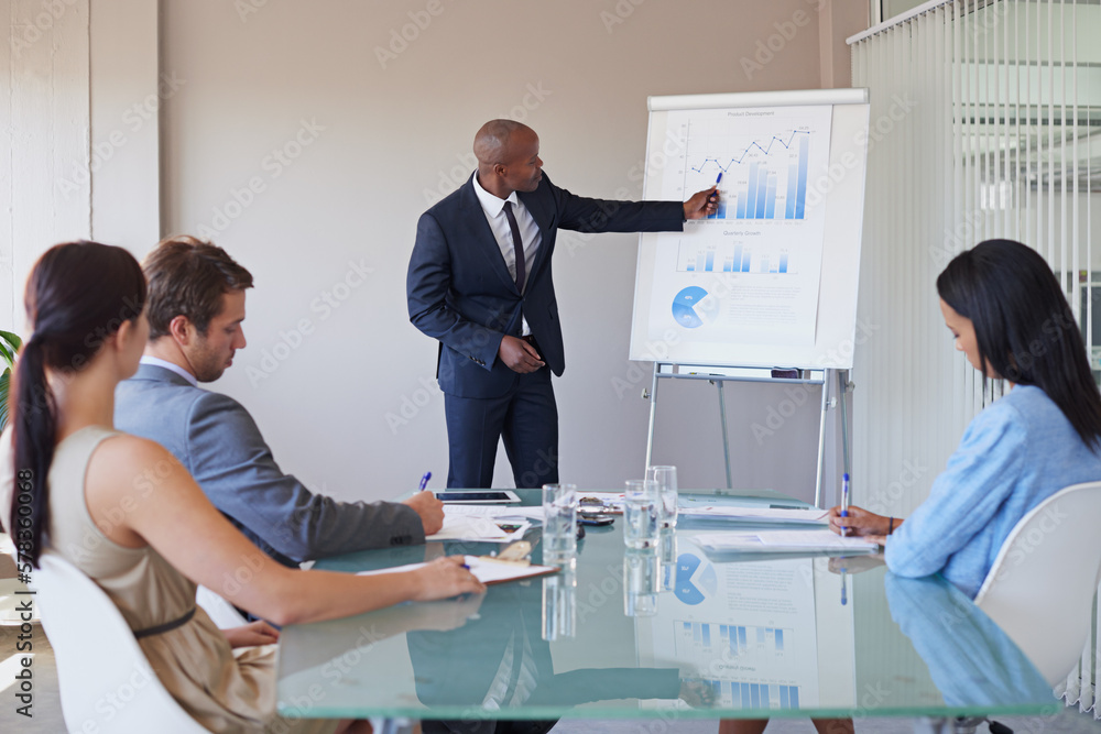Poster pointing out their progress. a business manager presenting financial data to his colleagues during a