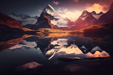 Island Landscapes Sunrise View On Bernese Range Above Bachalpsee Lake. Peaks Eiger, Jungfrau, Faulhorn In Famous Location In Switzerland Alps, Grindelwald Valley. Generative AI