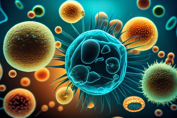 Macro Shot Of Different Types Of Microbes. Virus Cells And Bacteria On Abstract Background. Generative AI