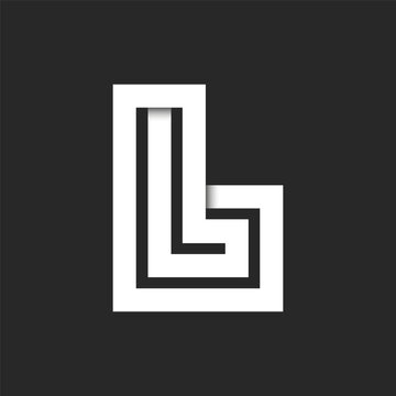 Initial letter L logo pattern monogram with shadows, overlap parallel lines ornament shape, identity black and white logotype.