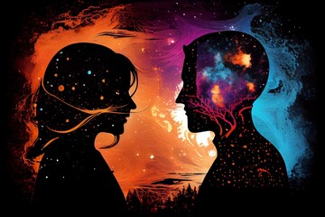 Man And Woman Silhouettes At Abstract Cosmic Background. Human Souls Couple In Love. Astral Body, Esoteric And Spiritual Life Concept. Generative AI