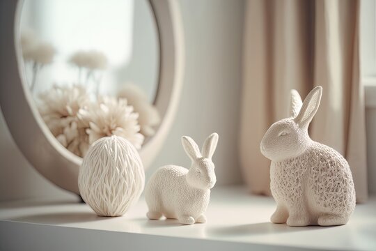 The cute Easter bunnies with eggs are laid on an empty modern, minimal and luxury cream dressing table top, a vase of pampas, a round mirror, and a curtain in a bedroom with white walls, sunlight, and