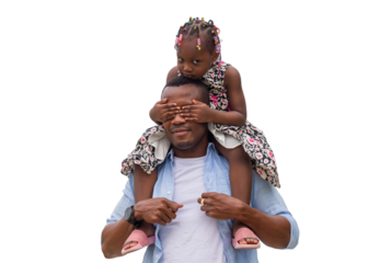 Cheerful African American father and daughter, Father carrying daughter on shoulders, Little girl on the shoulders of her dad