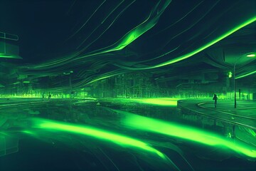 Fototapeta na wymiar 3d render, abstract concept of the urban street at night, green neon background with geometric shapes. Generative AI