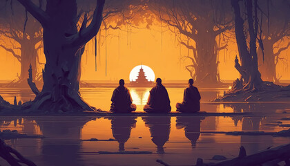 Illustration monks praying at dawn on the background of the temple - obrazy, fototapety, plakaty