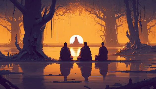 Illustration monks praying at dawn on the background of the temple