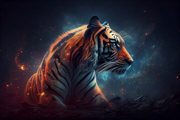 Powerful Epic Legendary Tiger In Universe. Spiritual Animal Awakening Concept.Magical Fantasy Epic Wallpaper. Generative AI