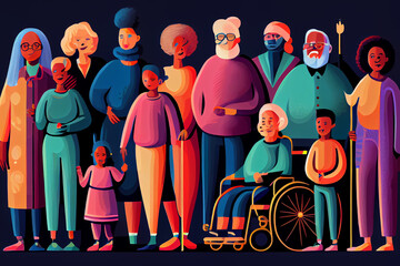 Socially diverse multicultural and multiracial people. Happy old and young women and men with children, as well as people with disabilities standing together