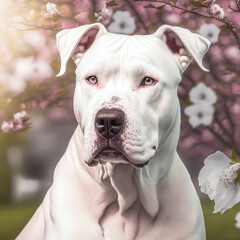 Ravishing hyper realistic digital portrait of happy dogo argentino dog in natural outdoor lush with flower during springtime background as concept of modern domestic pet by Generative AI.