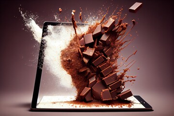 Tablette De Chocolat CassÃ©e En Mouvement. Explosion Et Ã‰clats De Chocolat. Generative AI