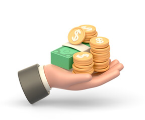 Realistic 3d icon of hand with money and golden coins