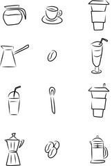 Coffee set, sketch, vector.
Coffee set, hand drawn sketch. Cups, cup and spoon, cezve, french press, coffee makers, coffee beans.