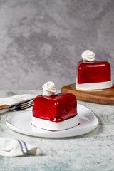 Heart cake. Design cake in heart shape on gray background. Concept Valentines Day, Mothers Day, Birthday. Vertical lay