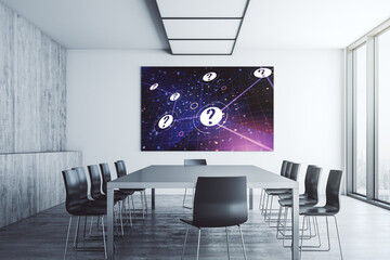 Creative abstract question mark sketch on presentation monitor in a modern boardroom, FAQ and research concept. 3D Rendering