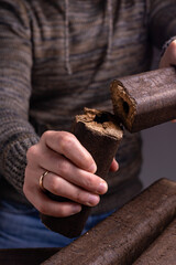 Production of wood pellets. A type of wood fuel.