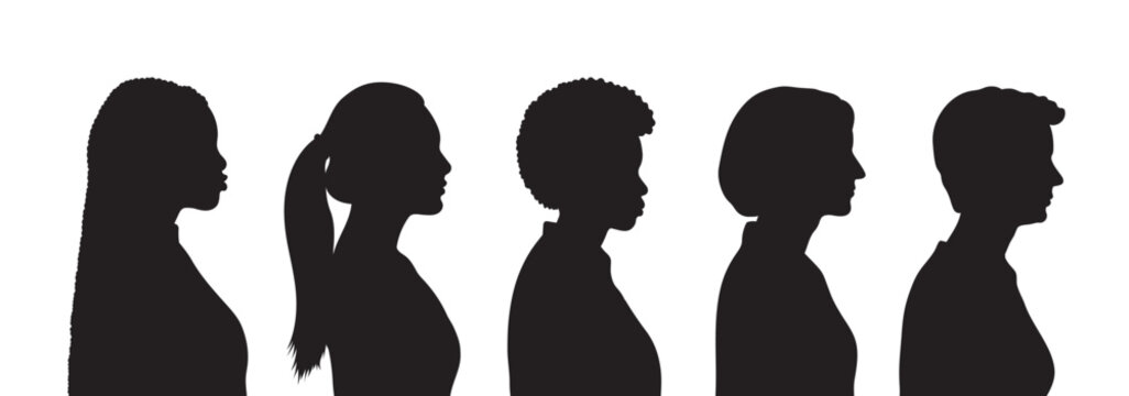 Diverse group of ethnic side view portrait silhouette vector. Different races women profile faces side vector.
