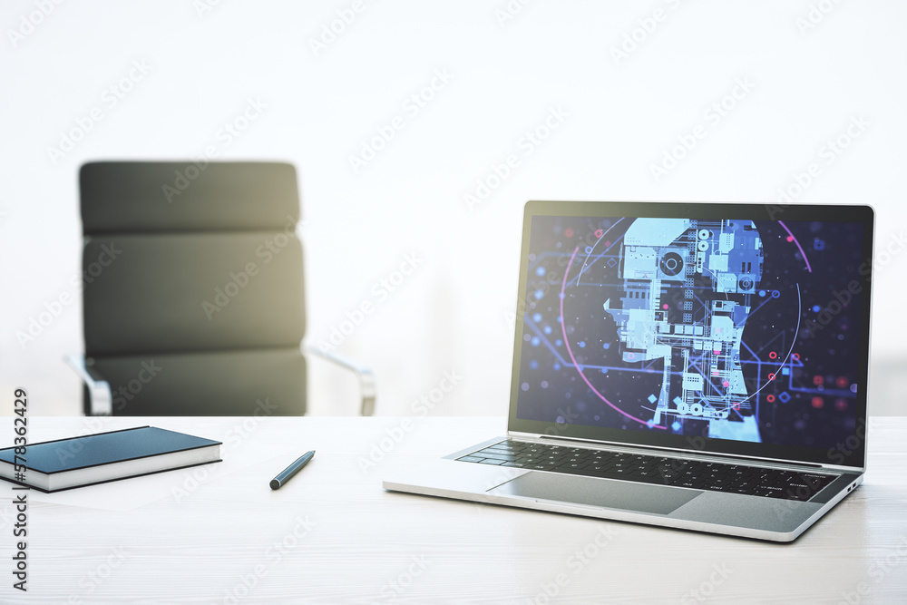 Poster Modern computer monitor with creative artificial Intelligence symbol. Neural networks and machine learning concept. 3D Rendering