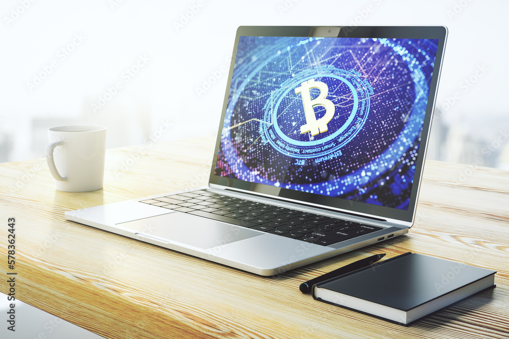 Poster Modern computer display with creative Bitcoin symbol hologram. Mining and blockchain concept. 3D Rendering
