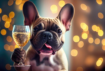 Happy French Bulldog dog with toasted wine glass in party and golden bokeh light background. Animal and pet concept. Digital art illustration. Generative AI