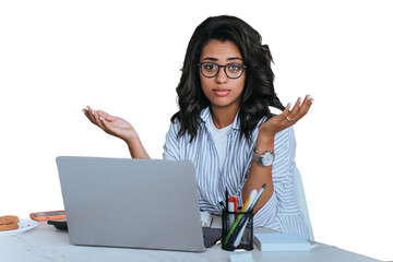 Frustrated African American young woman remote works home using laptop, spread hands in disbelief looks at camera with hesitate face. Puzzled Brazilian girl remote learning over transparent background