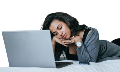 Sleepy African American  woman against transparent background with laptop eyes closed leans on hands, tired after hard work. Remote learning Brazilian girl sleeps at home. Exhausted pretty female. Nap