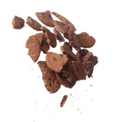 Cookie Chocolate ship fall fly in mid air, Cocoa Cookie Chocolate ship floating. Cookie Chocolate ship round crack crunch throw in air. White background isolated freeze motion high speed shutter