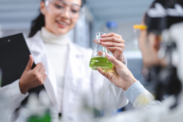 eco skin care beauty products in laboratory development concept, Natural drug research with organic plants and scientific extraction in glassware, Alternative green herb medicine for body health care