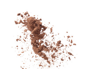 Cocoa powder fall fly in mid air, Cocoa powder floating explosion. Cocoa powder Chocolate chip crunch throw in air. White background isolated freeze motion high speed shutter