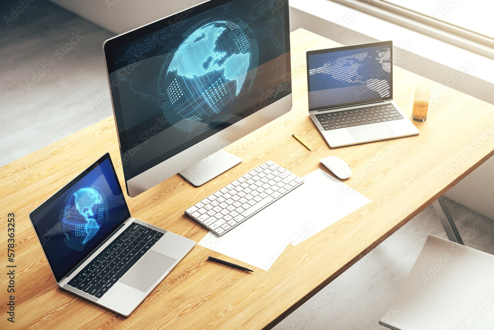 Poster modern computer monitor with america map, research and strategy concept. 3d rendering