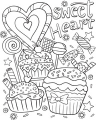 Sweet Heart font with cupcake and candy elements. Hand drawn with inspiration word. Doodles art for Valentine's day. Coloring for adult and kids. Vector Illustration
