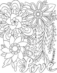 Hand drawn with inspiration word. Doodles art with heart and flowers element for Valentine's day or love card. Coloring for adult and kids. Vector Illustration
