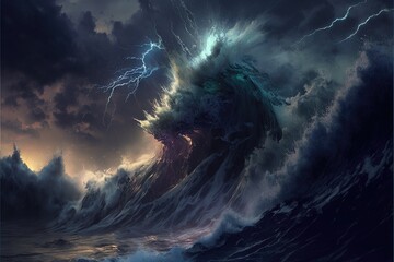 A strong storm with big waves in the ocean Night thunderstorm, dark tones illustration. Generative AI.