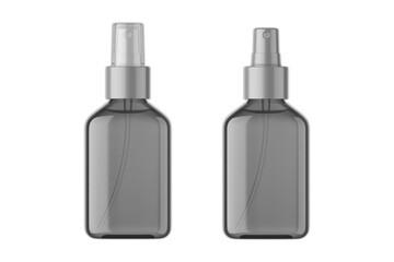 Instant antiseptic hand sanitizer spray bottle, antibacterial alcohol liquid. One clear plastic bottle with spray pump isolated on white background, 3d rendering. Small mini travel pocket.