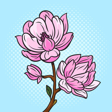 Magnolia tree flower pinup pop art retro vector illustration. Comic book style imitation.