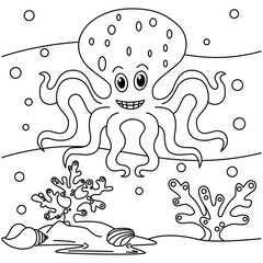 Funny octopus cartoon characters vector illustration. For kids coloring book.