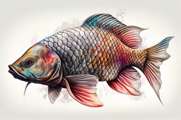 Fototapeta premium Drawing on a white background fish colored scales with a pencil Generative AI