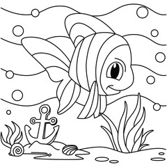 Fototapeta premium Funny fish cartoon characters vector illustration. For kids coloring book.