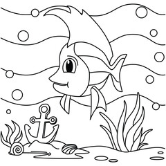 Funny fish cartoon characters vector illustration. For kids coloring book.