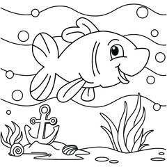 Funny fish cartoon characters vector illustration. For kids coloring book.
