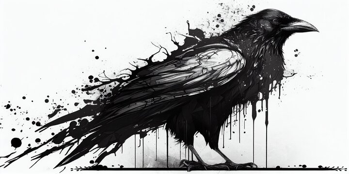 Drawing of a crow on a white background with black paint flying Generative AI
