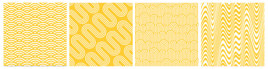 Set of Modern Seamless Patterns in Asian Japan and Chinese Style. Illustration of Pasta and Noodles. Vector Food Backgrounds with Yellow and White Waves