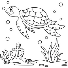 Funny turtle cartoon characters vector illustration. For kids coloring book.