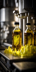 Factory for the production of edible oils a shallow depth of field. Selective focus. Created with Generative AI technology