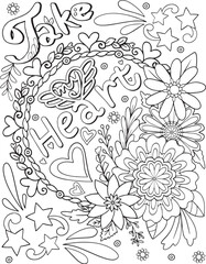 Take my heart font with heart and flowers element for Valentine's day or Greeting Cards.Hand drawn with inspiration word. Coloring for adult and kids. Vector Illustration
